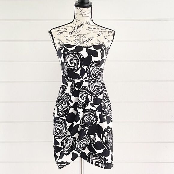Strapless Black & White Sheath Dress With Roses S - Picture 1 of 9
